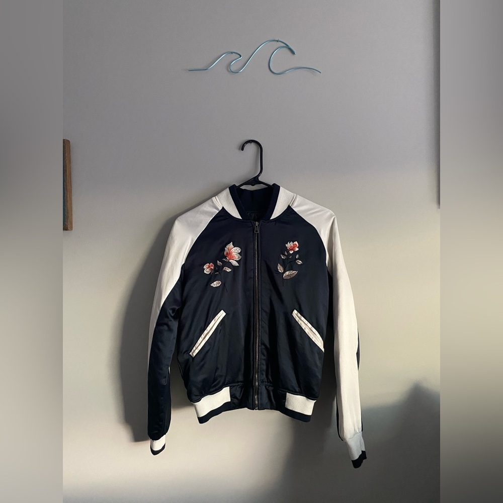 Silence + Noise Navy Blue and White Bomber Jacket